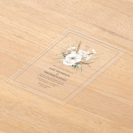 Rustic Pampas Grass White Floral Bohemian Wedding Acryl Uitnodigingen (Laagn)