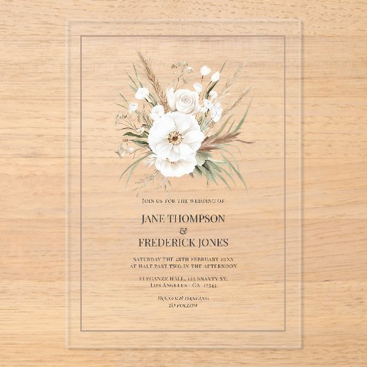Rustic Pampas Grass White Floral Bohemian Wedding Acryl Uitnodigingen (Voorkant)