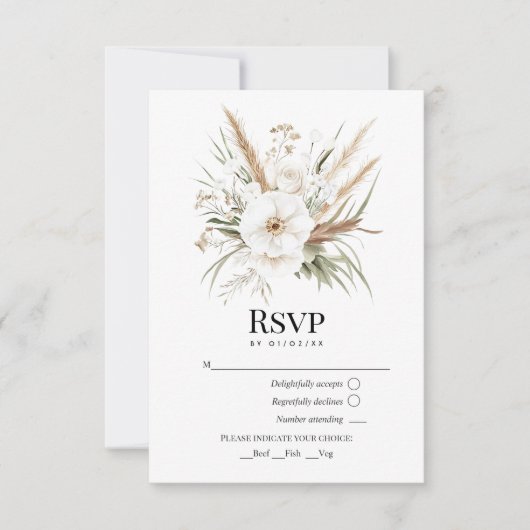 Rustic Pampas Grass White Floral Bohemian Wedding RSVP Kaartje (Voorkant)