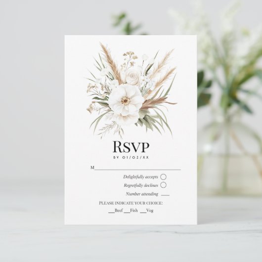 Rustic Pampas Grass White Floral Bohemian Wedding RSVP Kaartje (Staand voorkant)