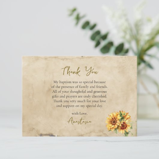 Rustic Parchment Sunflowers Orthodox Baptism       Bedankkaart (Staand voorkant)
