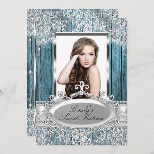 Rustic parelaas & houtofoto Sweet 16 Kaart (Voorkant / Achterkant)