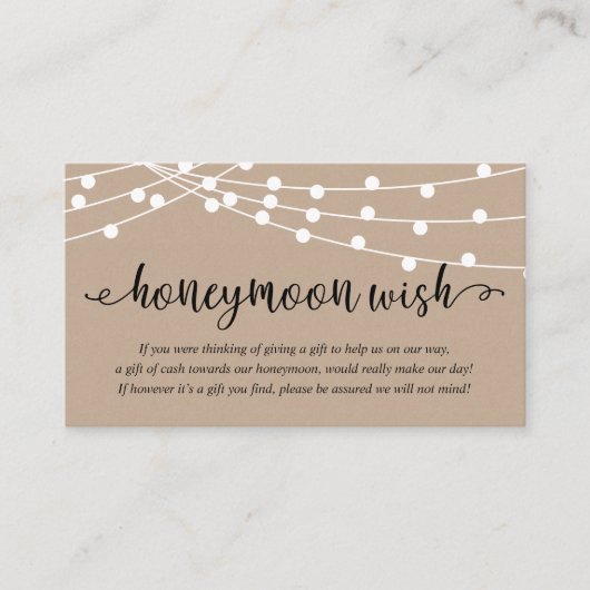 Rustic Party String Lights, Wedding Honeymoon Wish Informatiekaartje (Voorkant)