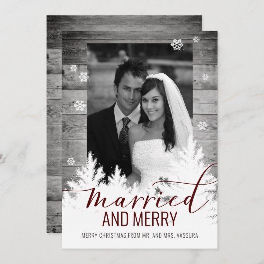 Rustic Pas getrouwd Foto gehuwd en Merry Feestdagenkaart (Voorkant / Achterkant)