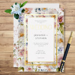Rustic Pastel April Waterverf Floral Wedding Folie Uitnodiging<br><div class="desc">Dit prachtige florale lijst is gevuld met blauw, geel, wit, roze en lavender waterverf bloemen en groen. De centrumsectie wordt omringd door een dubbel folie lijst tussenvoegsel. De achterkant heeft een eenvoudige complimenterende florale spray op een iriserende witte achtergrond. Deze kaart is prachtig en elegant en maakt deel uit van...</div>