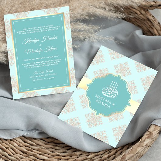 Rustic pastel Aqua Blue Damask Muslim Weduwen Kaart