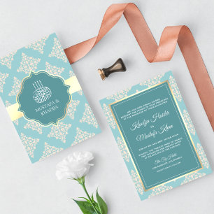 Rustic Pastel Blauwgroen Cream Damask Muslim Weduw Kaart