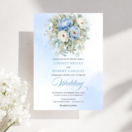 Rustic Pastel Blue White Peony Eucalyptus Gold Wed Kaart