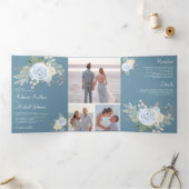 Rustic Pastel Floral Bouquet Dusty Blue Wedding Drieluik Uitnodiging (Binnen)