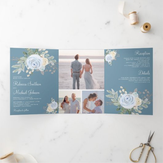 Rustic Pastel Floral Bouquet Dusty Blue Wedding Drieluik Uitnodiging (Binnen)