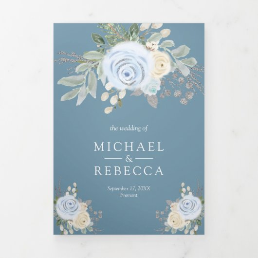Rustic Pastel Floral Bouquet Dusty Blue Wedding Drieluik Uitnodiging (Cover)
