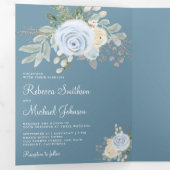 Rustic Pastel Floral Bouquet Dusty Blue Wedding Drieluik Uitnodiging (Binnenzijde eerst)