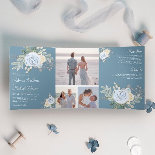 Rustic Pastel Floral Bouquet Dusty Blue Wedding Drieluik Uitnodiging