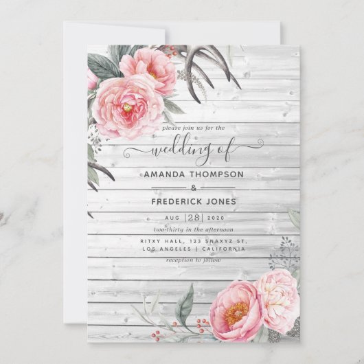 Rustic Pastel Pink en Grey Boho Floral Wedding Kaart (Voorkant)
