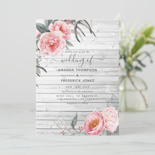 Rustic Pastel Pink en Grey Boho Floral Wedding Kaart (Staand voorkant)