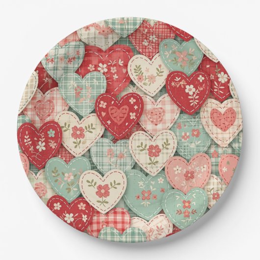 Rustic Patchwork Harten Picknick Patroon (1) Papieren Bordje (Voorkant)