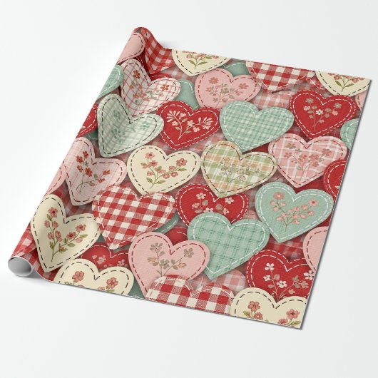 Rustic Patchwork Harten Picknick Patroon (3) Cadeaupapier (Uitgerold)