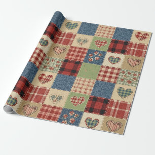 Rustic Patchwork Harten Picknick Patroon (5) Cadeaupapier