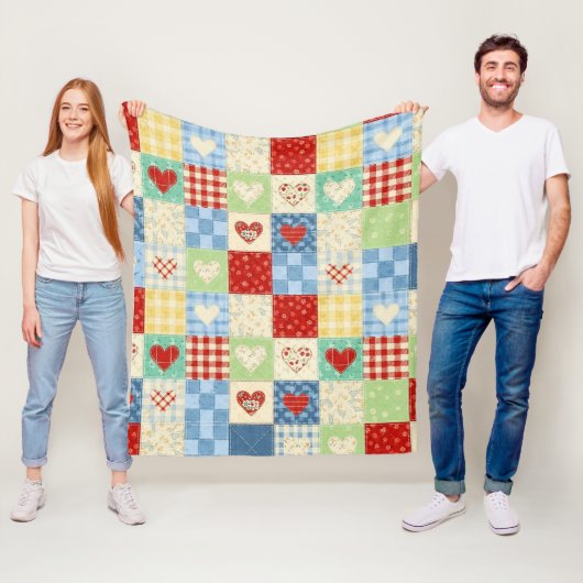 Rustic Patchwork Harten Picknick Patroon Fleece Deken (In situ)