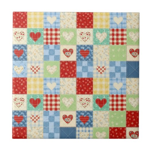 Rustic Patchwork Harten Picknick Patroon Tegeltje (Voorkant)