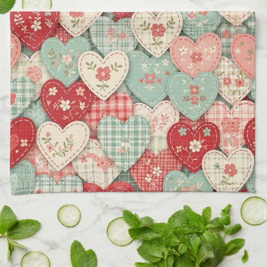 Rustic Patchwork Hearts Picnic Pattern (2) Theedoek (Gevouwen)