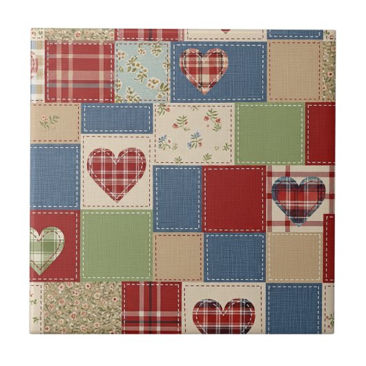 Rustic Patchwork Hearts Picnic Pattern (4) Tegeltje (Voorkant)