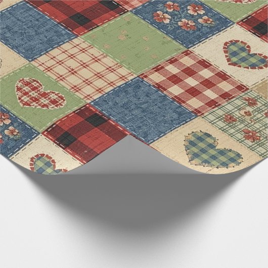 Rustic Patchwork Hearts Picnic Pattern (5) Cadeaupapier (Hoek)