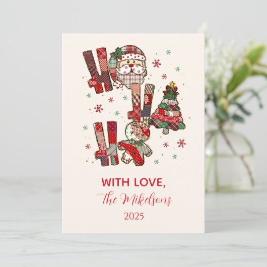 Rustic Patchwork Ho Ho Ho Christmas Feestdagenkaart (Staand voorkant)