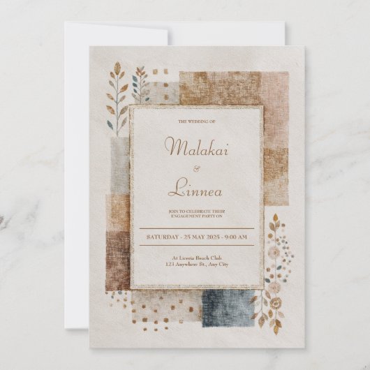 Rustic Patchwork Jute Goud Folie Volkwedding Kaart (Voorkant)