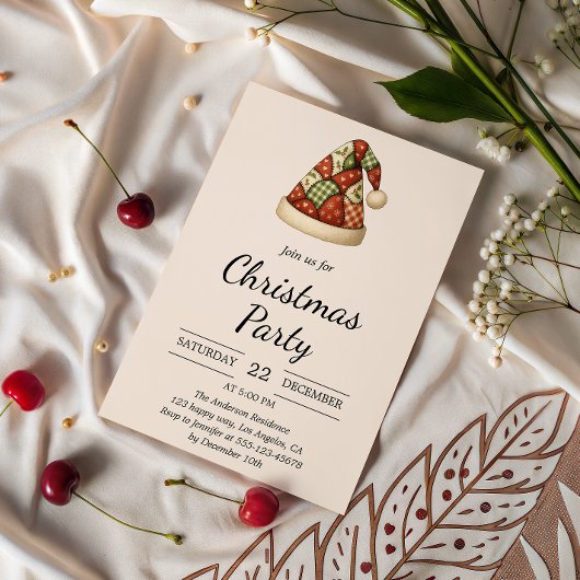 Rustic Patchwork Santa Hat Christmas Party Kaart