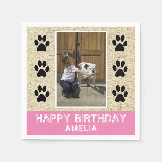 Rustic Paw Prints Kinder naam Foto Birthday Party Servet (Voorkant)