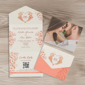 Rustic Peach Bloemen Hart Monogram Huwelijk All In One Uitnodiging