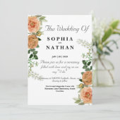 Rustic Peach Bloemen Huwelijksuitnodiging Groen Kaart (Staand voorkant)