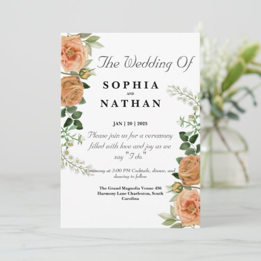 Rustic Peach Bloemen Huwelijksuitnodiging Groen Kaart (Staand voorkant)