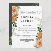 Rustic Peach Bloemen Huwelijksuitnodiging Groen Kaart (Voorkant / Achterkant)