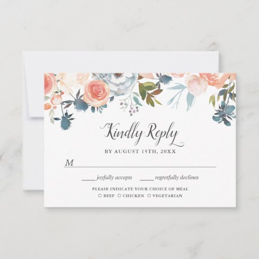 Rustic Peach Botanic Floral RSVP met Maaltijdkeuze (Voorkant)