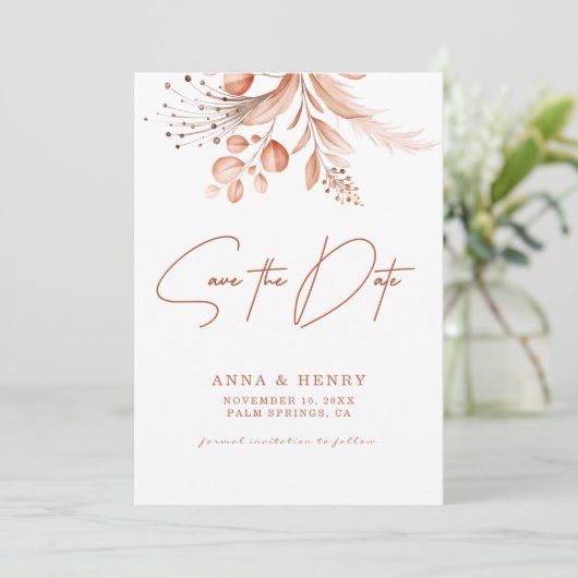 Rustic Peach Brown Waterverf Leaves Wedding Kaart (Staand voorkant)