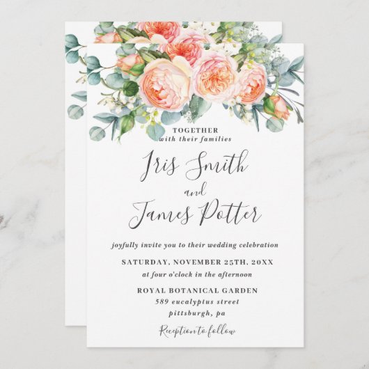 Rustic Peach Coral Garden Rozen Floral Wedding Kaart (Voorkant / Achterkant)