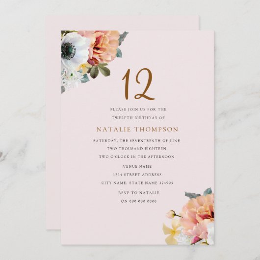  Rustic Peach Floral 12th Birthday Invite Kaart (Voorkant / Achterkant)