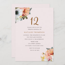  Rustic Peach Floral 12th Birthday Invite Kaart