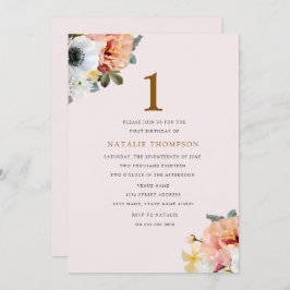  Rustic Peach Floral 1e verjaardag Uitnodigen Kaart