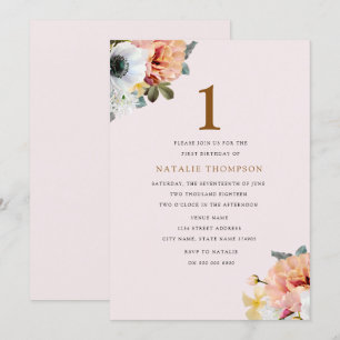 Rustic Peach Floral 1e verjaardag Uitnodigen Kaart