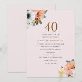  Rustic Peach Floral 40th Birthday Invite Kaart (Voorkant / Achterkant)