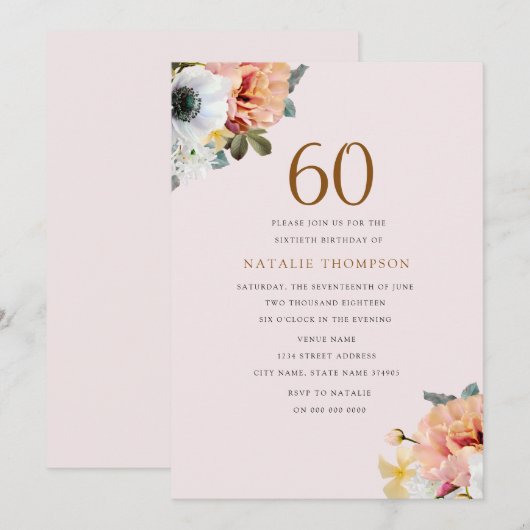  Rustic Peach Floral 60th Birthday Invite Kaart (Voorkant / Achterkant)
