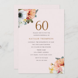  Rustic Peach Floral 60th Birthday Invite Kaart