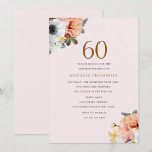 Rustic Peach Floral 60th Birthday Invite Kaart