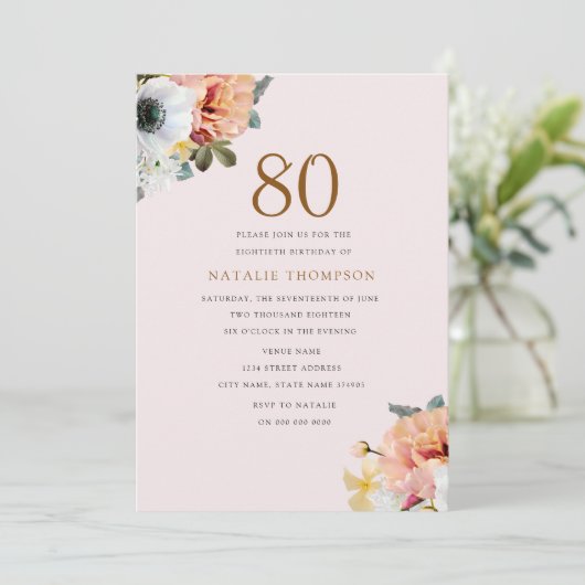  Rustic Peach Floral 80th Birthday Invite Kaart (Staand voorkant)