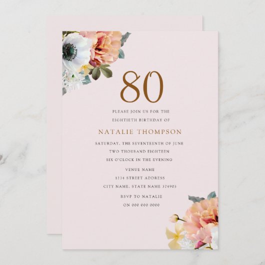 Rustic Peach Floral 80th Birthday Invite Kaart (Voorkant / Achterkant)