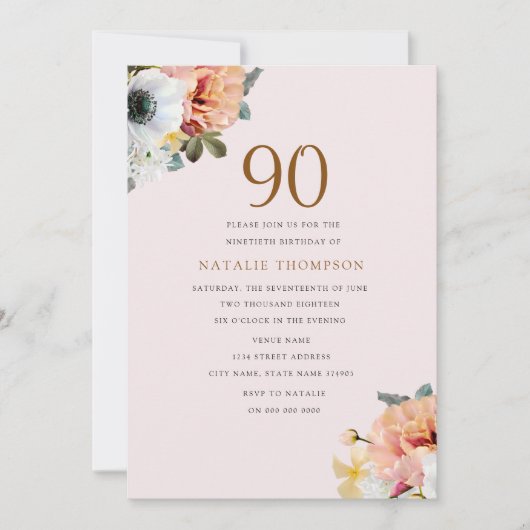  Rustic Peach Floral 90th Birthday Invite Kaart (Voorkant)