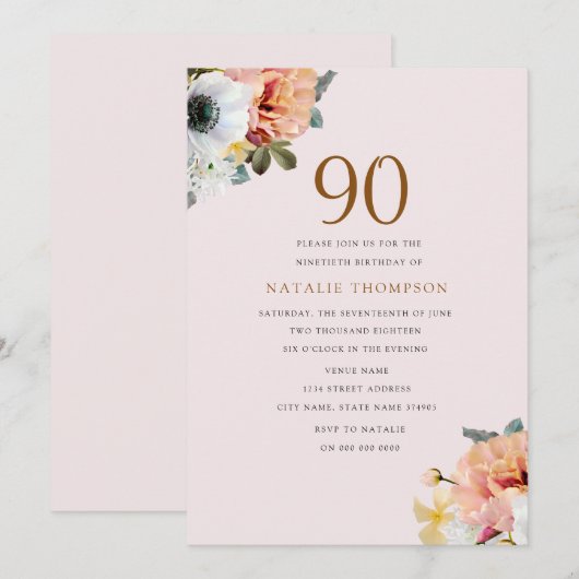 Rustic Peach Floral 90th Birthday Invite Kaart (Voorkant / Achterkant)